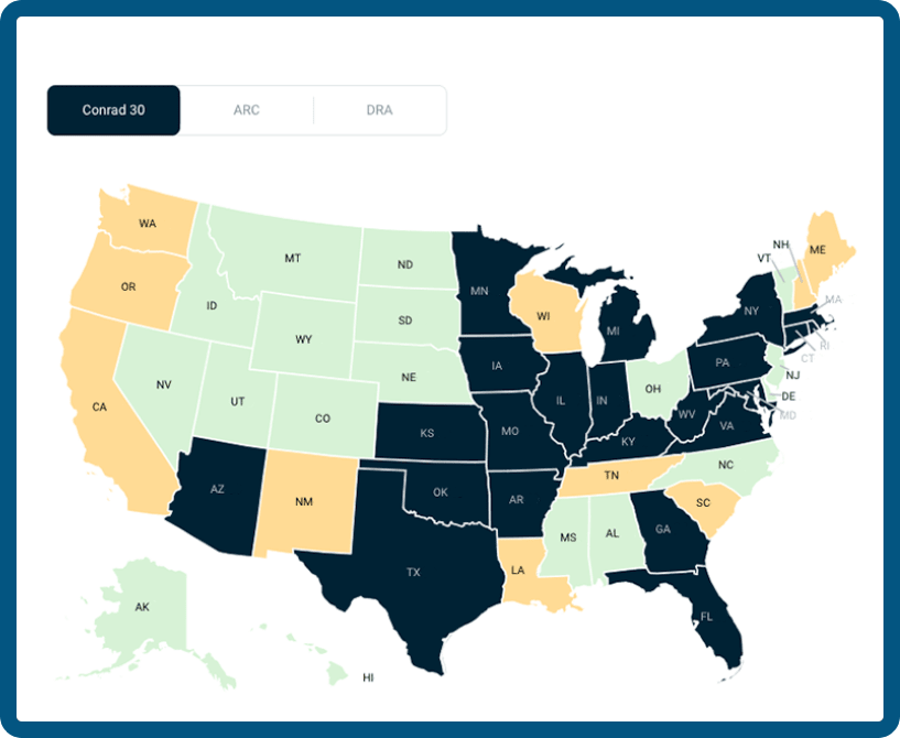An image of the U.S. map with different colors to indicate different J-1 Waiver processes. 