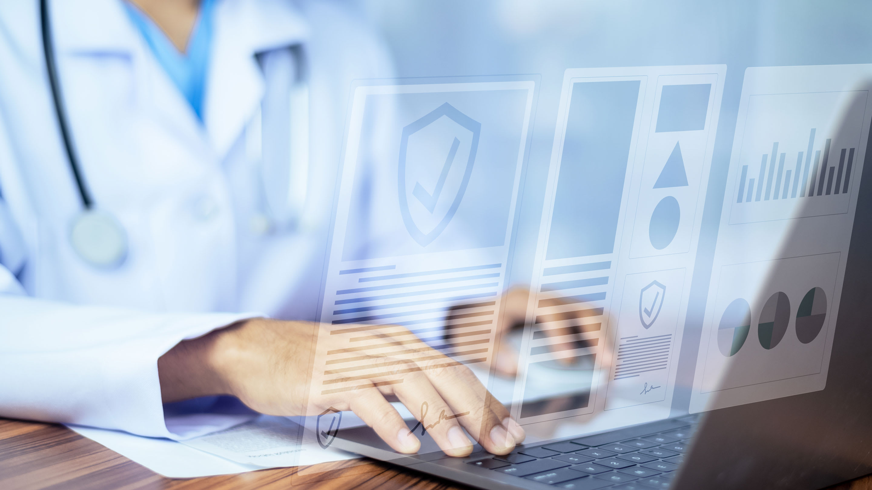 Image of doctor using computer Document Management System (DMS), online documentation database process automation to efficiently manage files