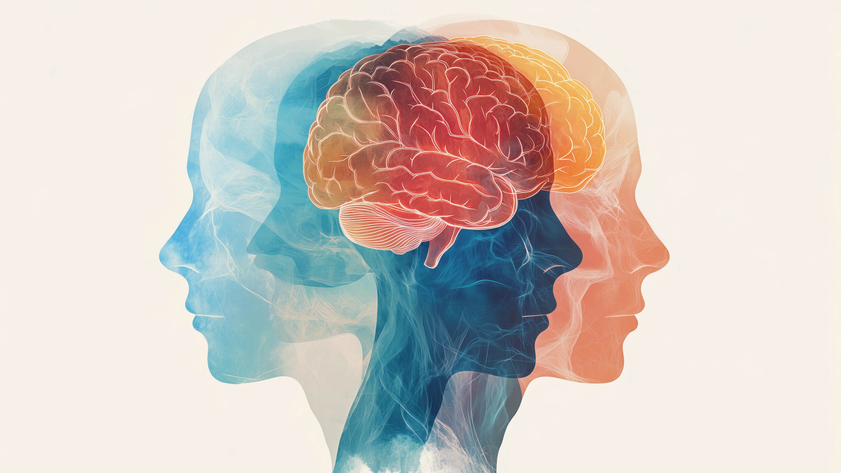Human brain illustration showcasing cognitive processes, emotions, and mental health with overlapping silhouettes in blue and orange hues