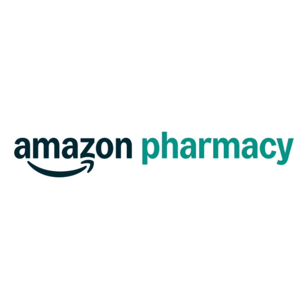 A black Amazon logo with the word pharmacy in teal blue