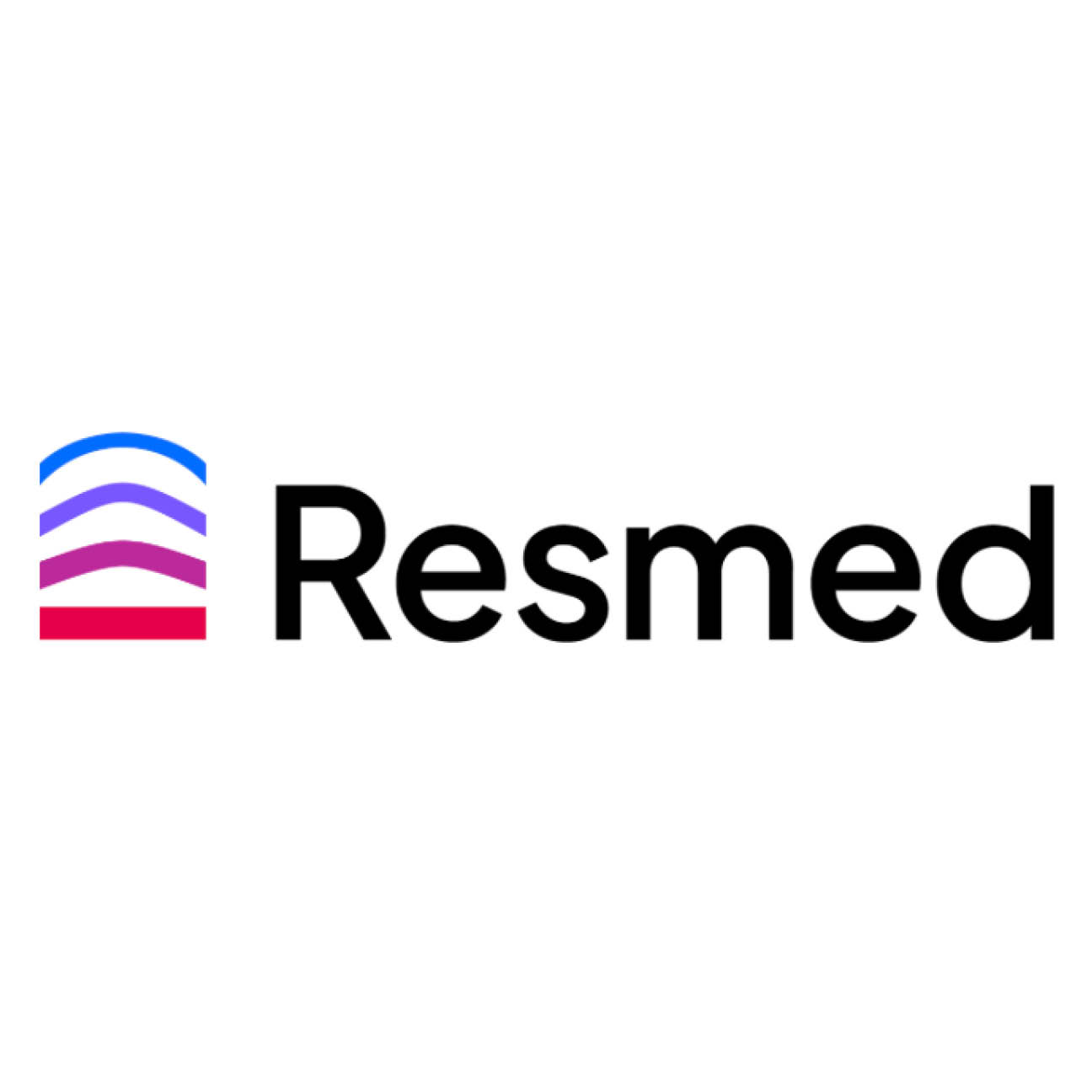 The logo has Resmed in black letters with four different color lines before the R.