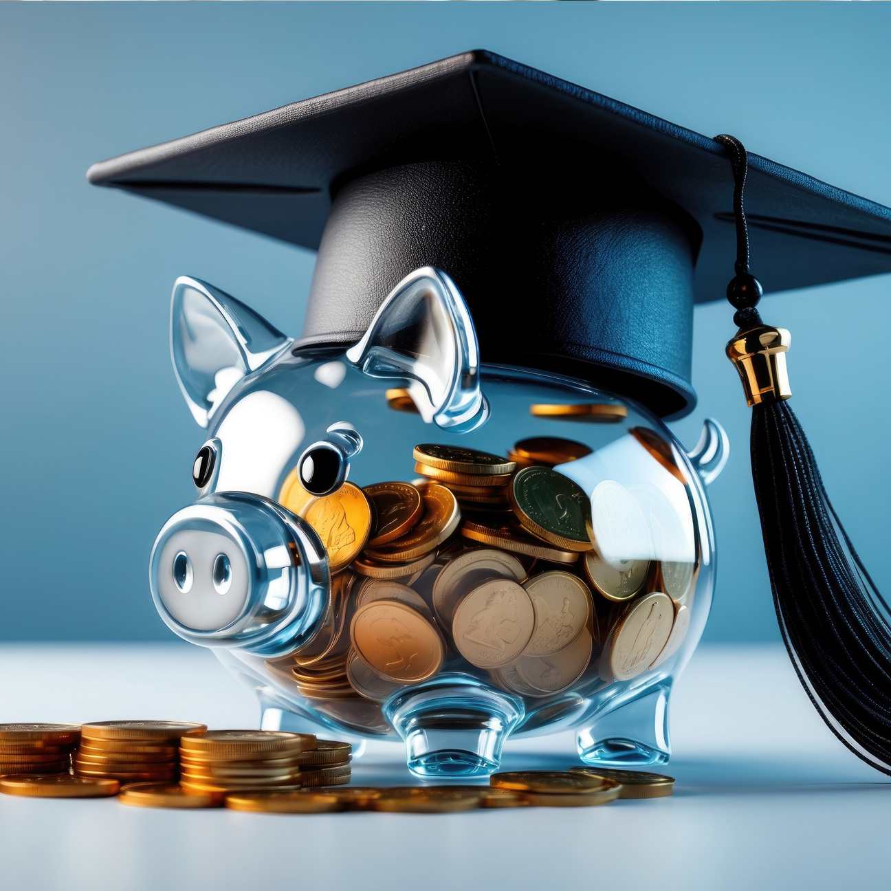 Black academic cap and transparent piggy bank placed on white desk
