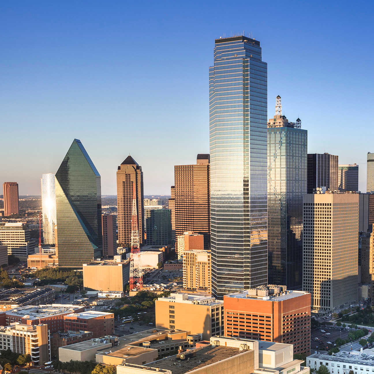 The Dallas Texas city skyline.