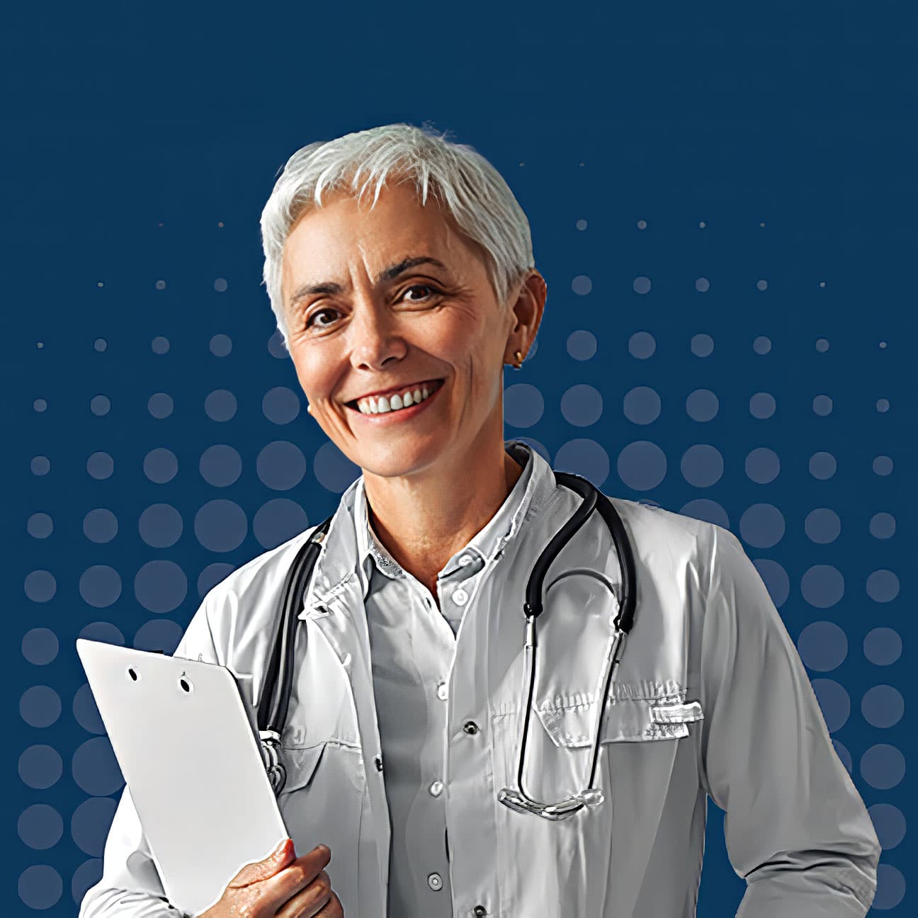 A healthcare worker in a white coat smiles while holding a clipboard in front of a Loyal Blue background with a dot pattern